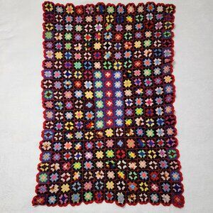 Vintage Handmade Crochet Multi-ColoredvFlower Square Afghan Blanket 33" x 50"